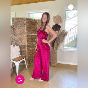 Velvet strapless jumpsuit in Red Violet
